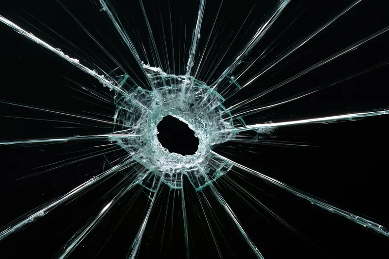 Cracked glass panel with central hole and radiating fractures against black background