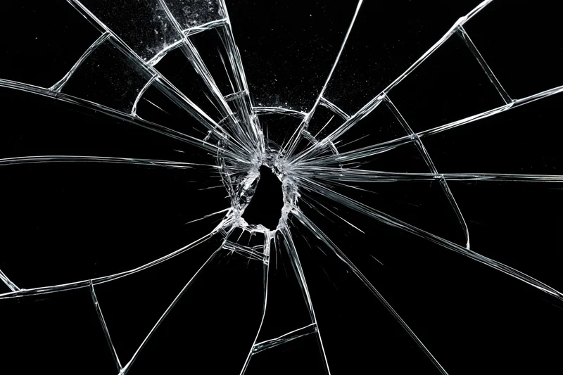 Cracked glass surface with central impact hole and radial fractures against black background