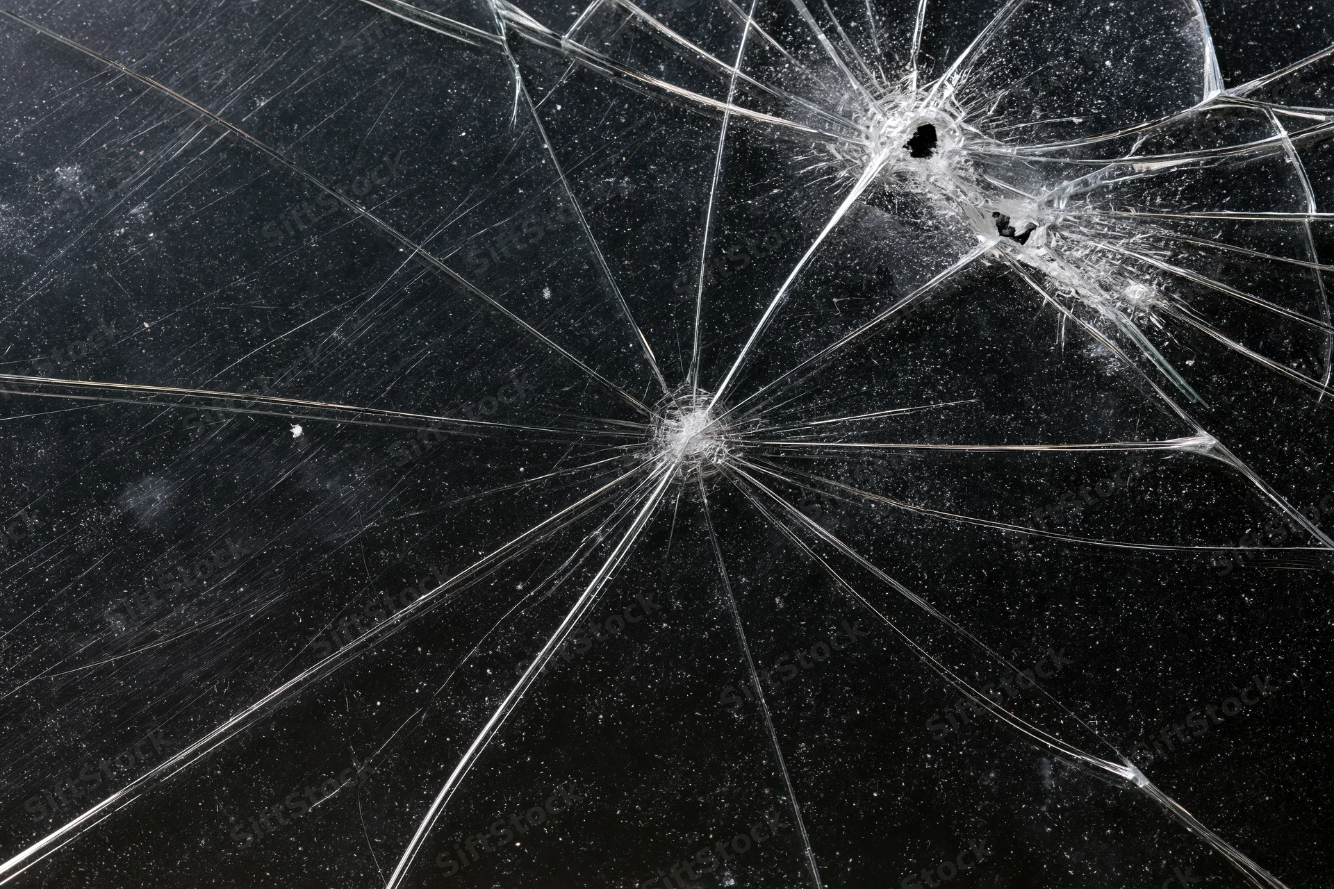 Cracked glass surface with radiating fracture lines spreading across dark background