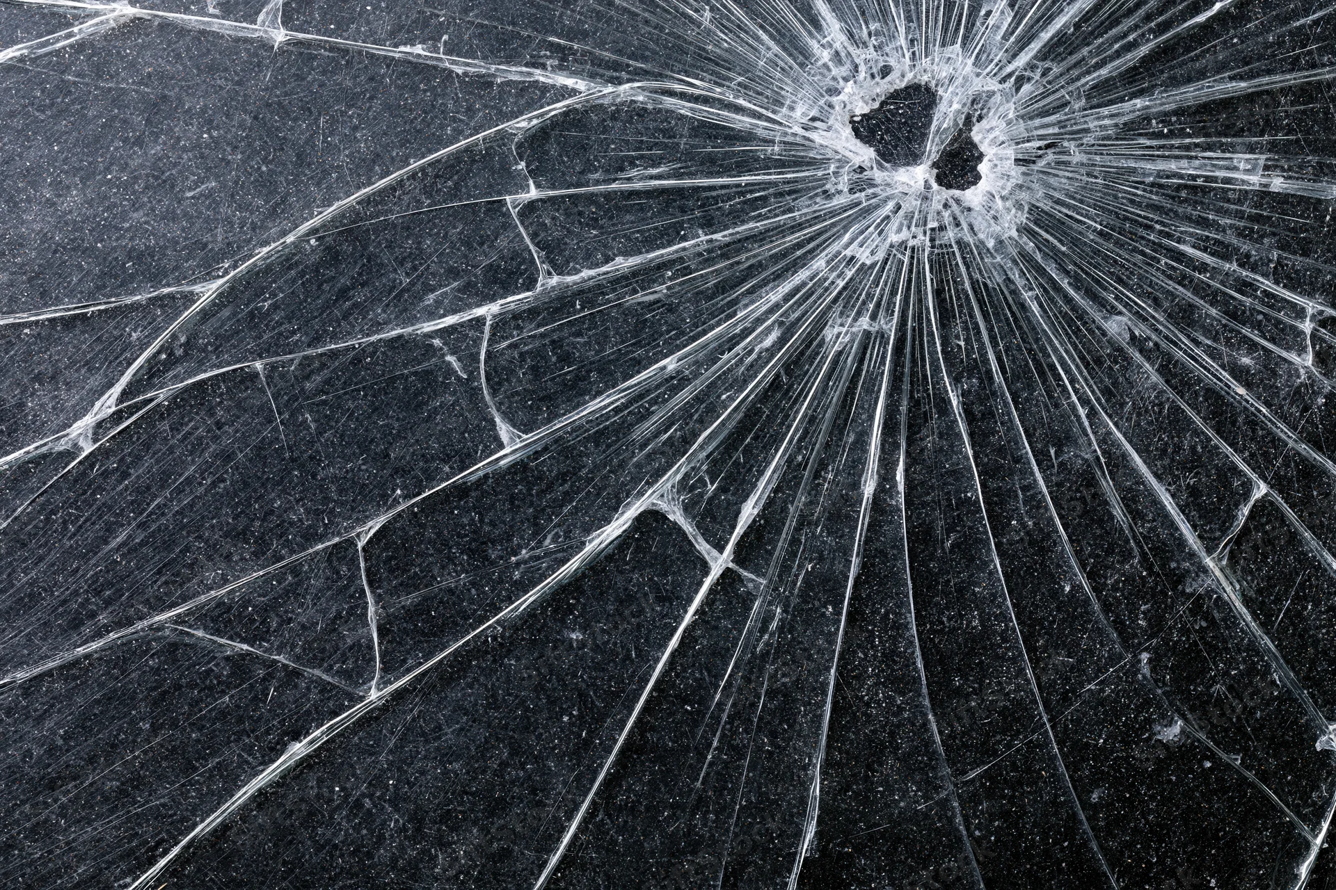 Cracked glass surface with radiating fracture lines spreading from central impact point