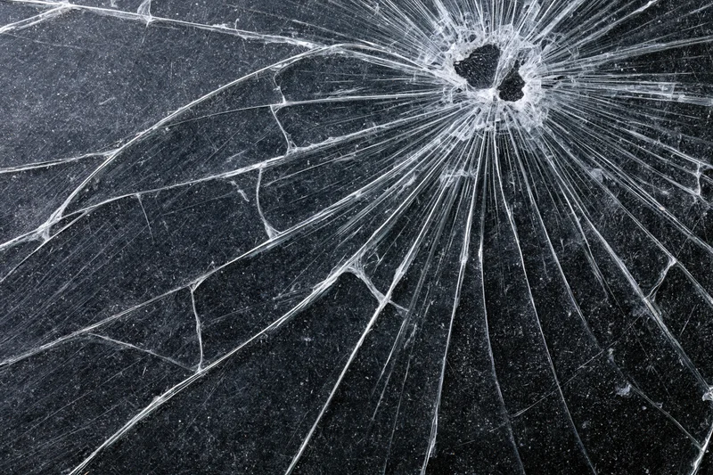 Cracked glass surface with radiating fracture lines spreading from central impact point