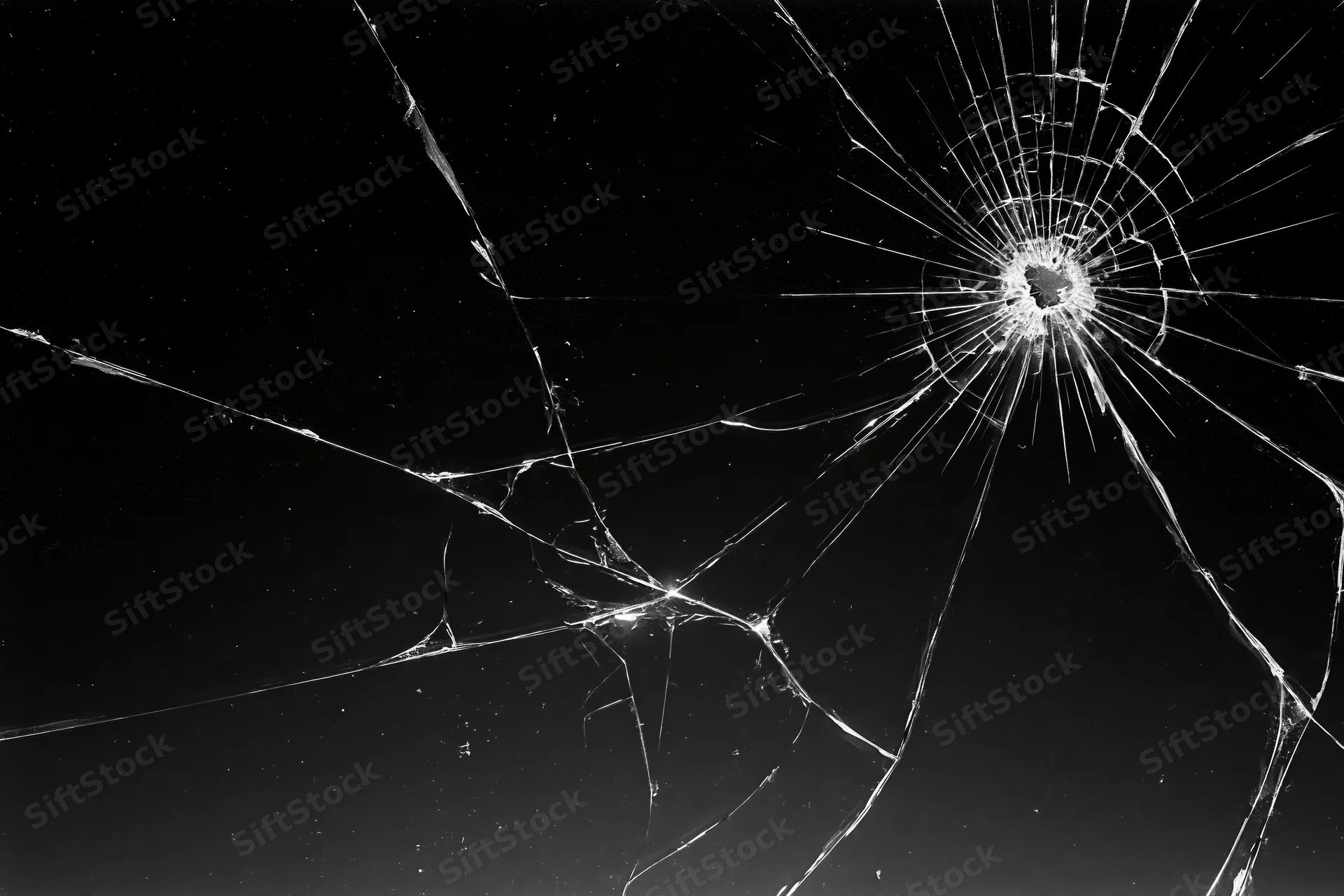 Cracked glass surface with radiating fracture lines spreading across dark background