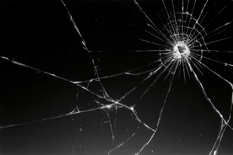 Cracked glass surface with radiating fracture lines spreading across dark background