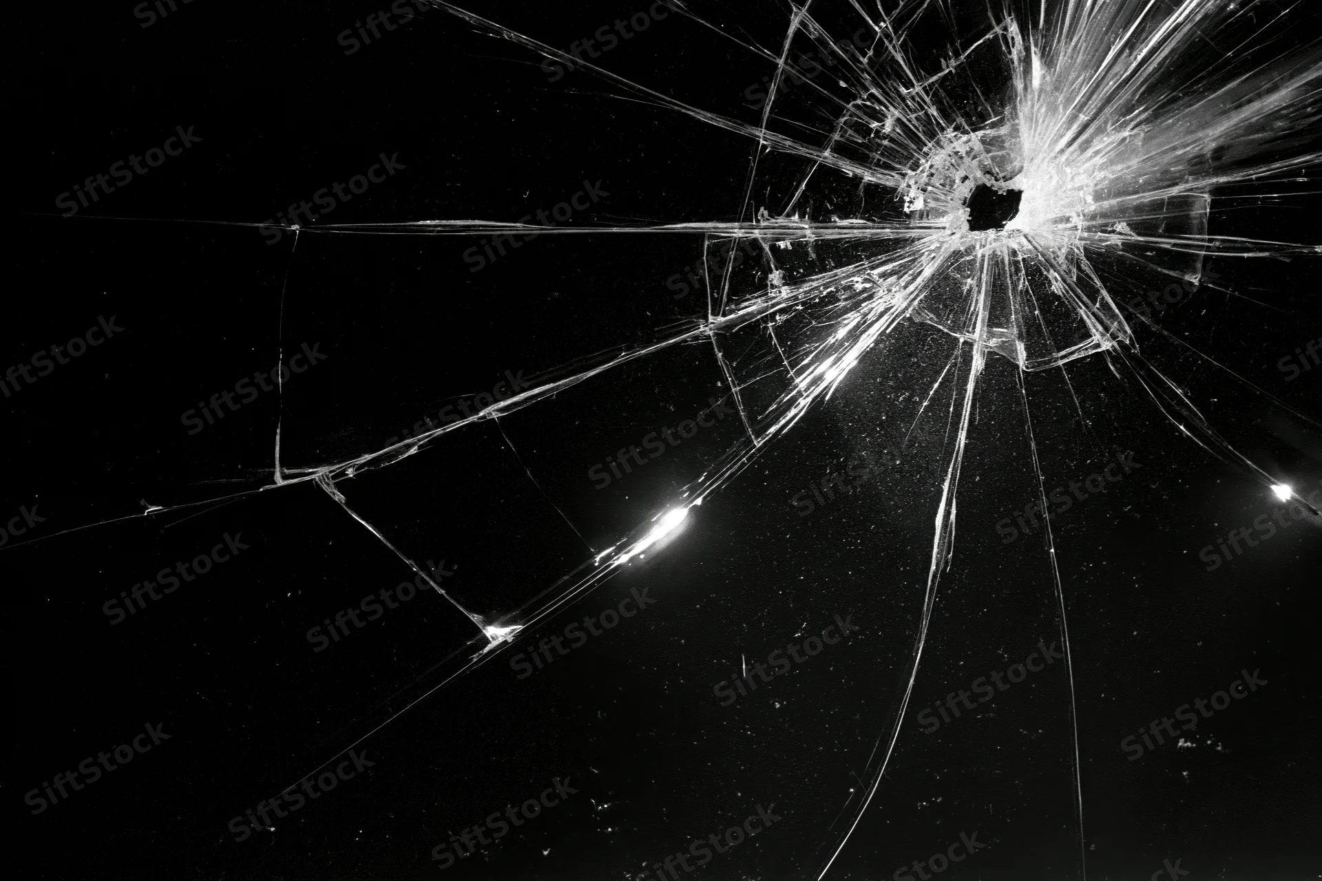 Cracked glass surface with radiating fracture lines spreading from central impact point