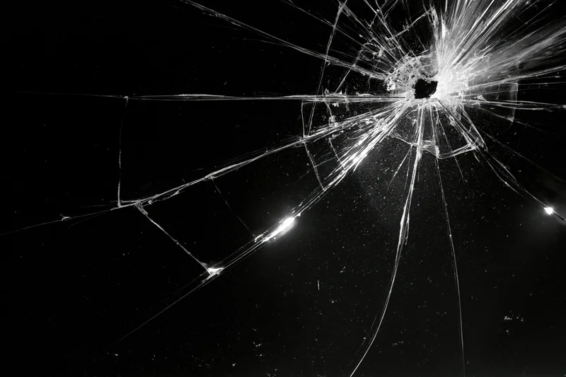 Cracked glass surface with radiating fracture lines spreading from central impact point