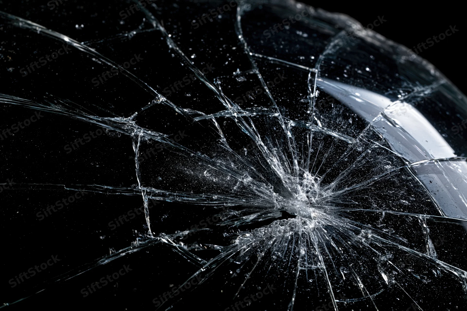 Cracked glass surface with spiderweb fracture lines radiating from central impact point