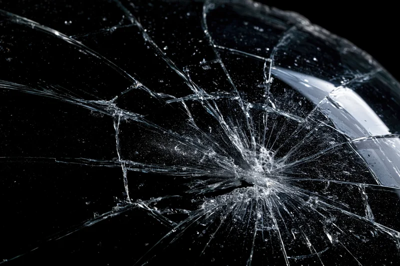Cracked glass surface with spiderweb fracture lines radiating from central impact point