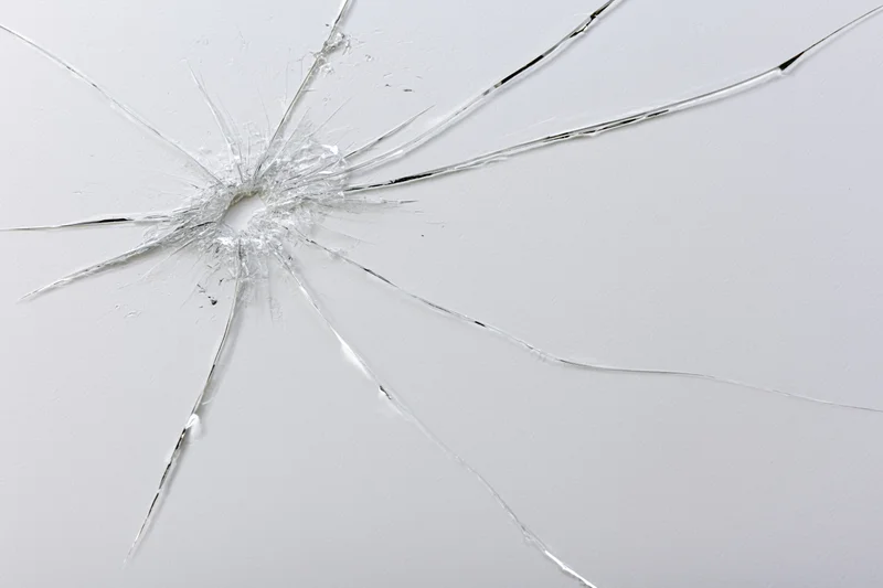 Cracked glass surface with thin radiating fracture lines spreading from central impact point