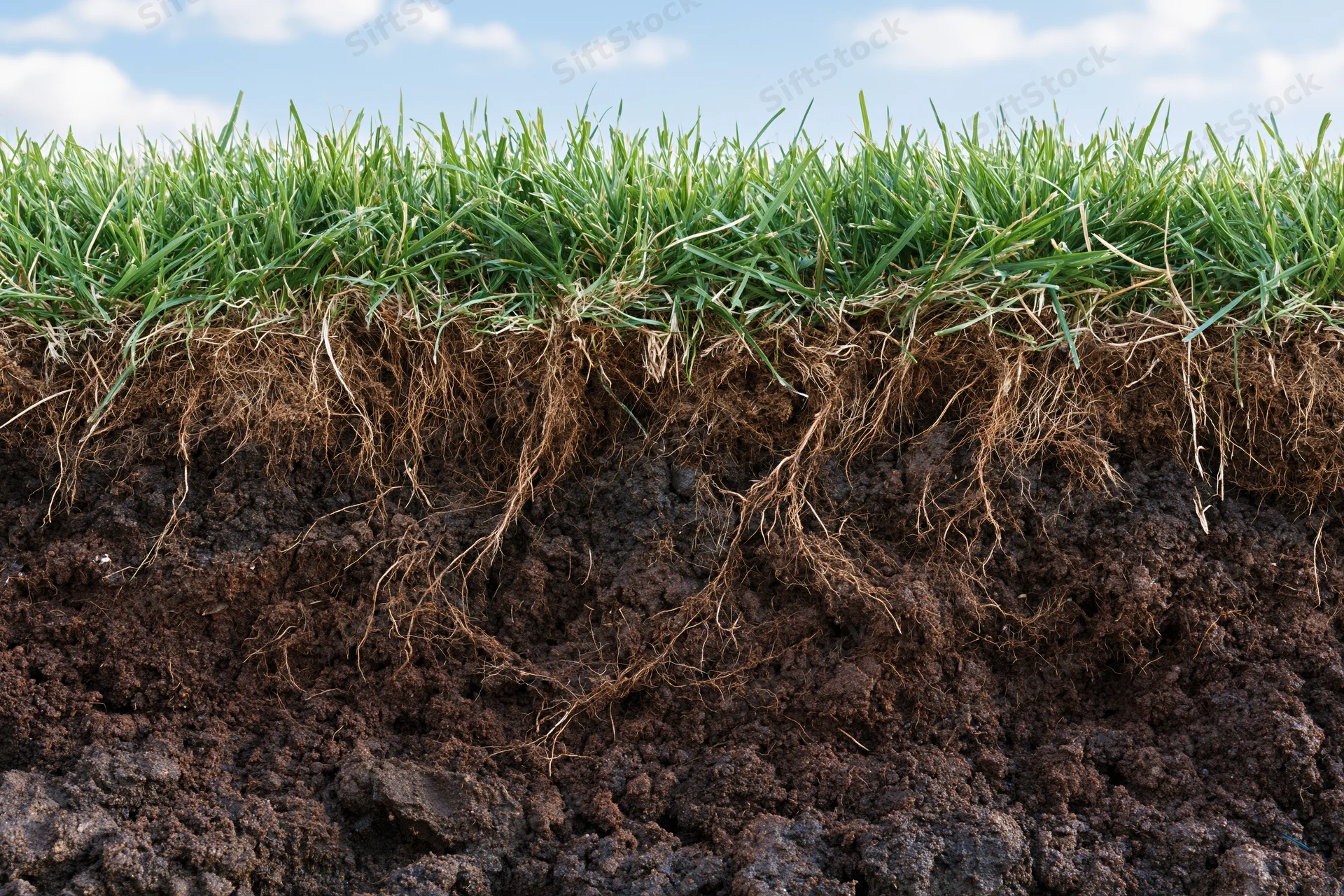 Cross-section of a lawn showing green grass blades and root system in dark soil under a blue sky with clouds