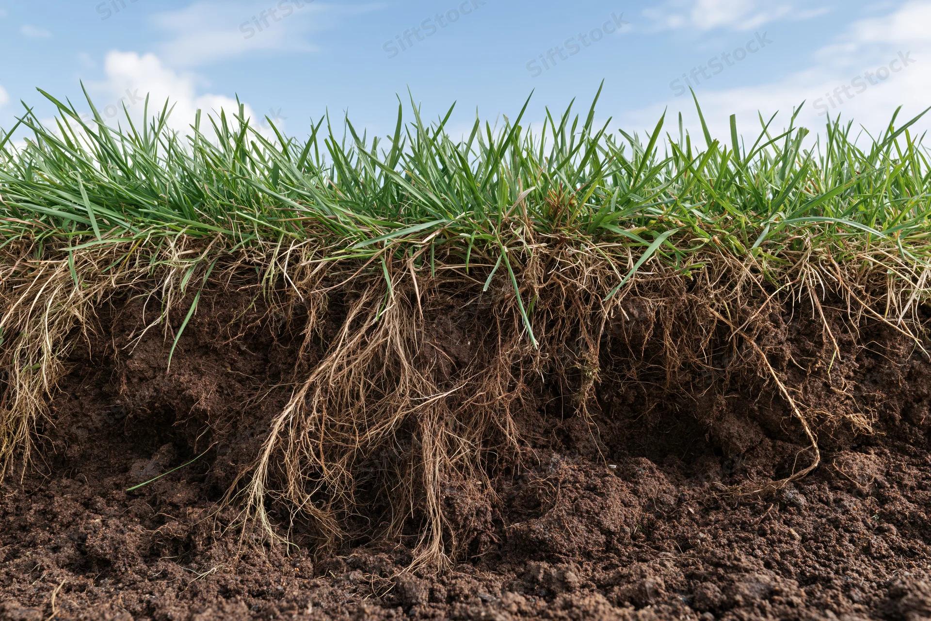 Cross-section of a green lawn showing grass blades and root system in soil