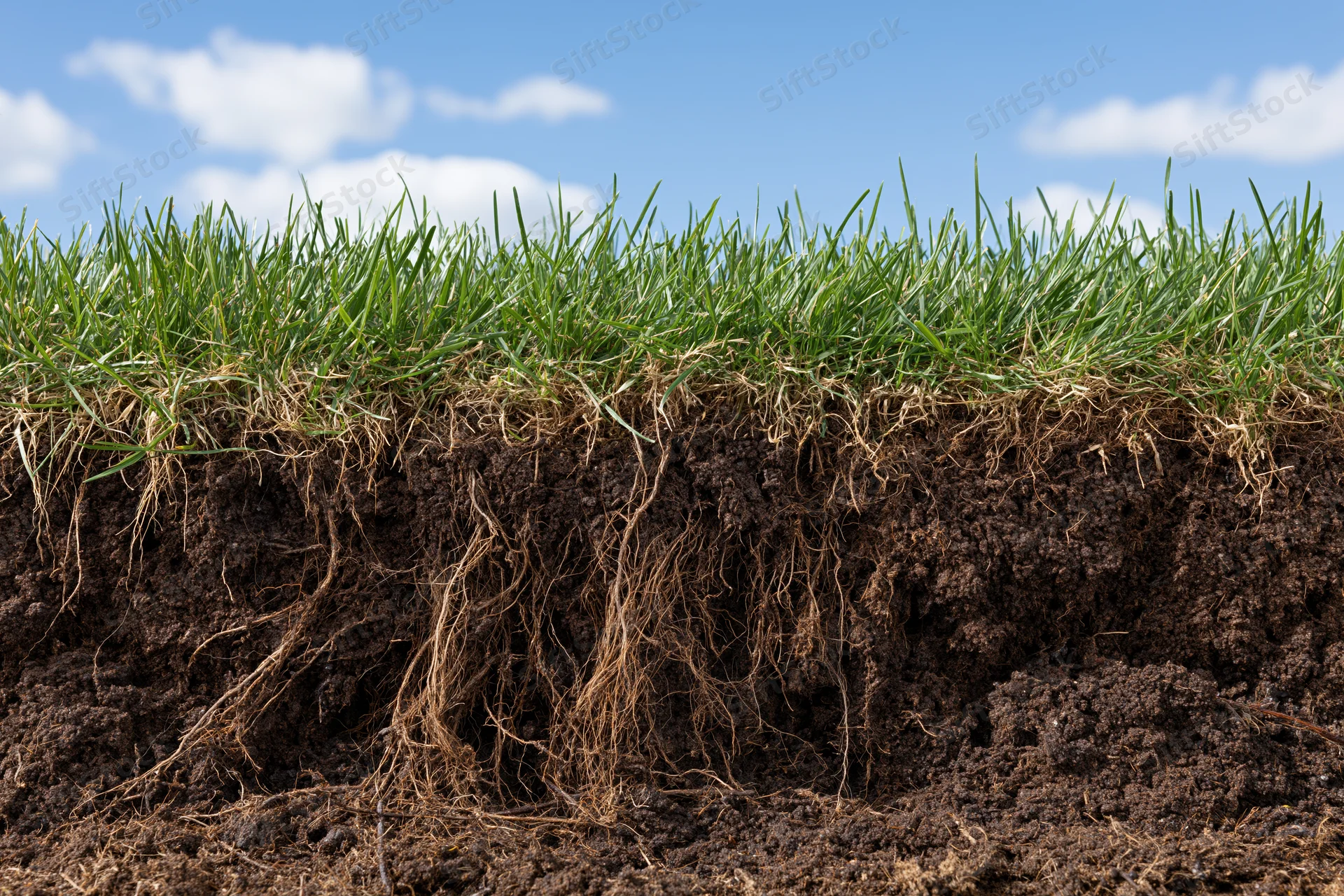 Cross-section of a lawn showing green grass blades and root system in soil under a blue sky