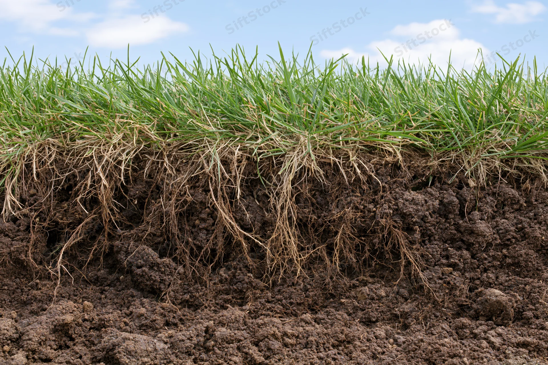 Cross-section of a lawn showing green grass blades and root system in soil