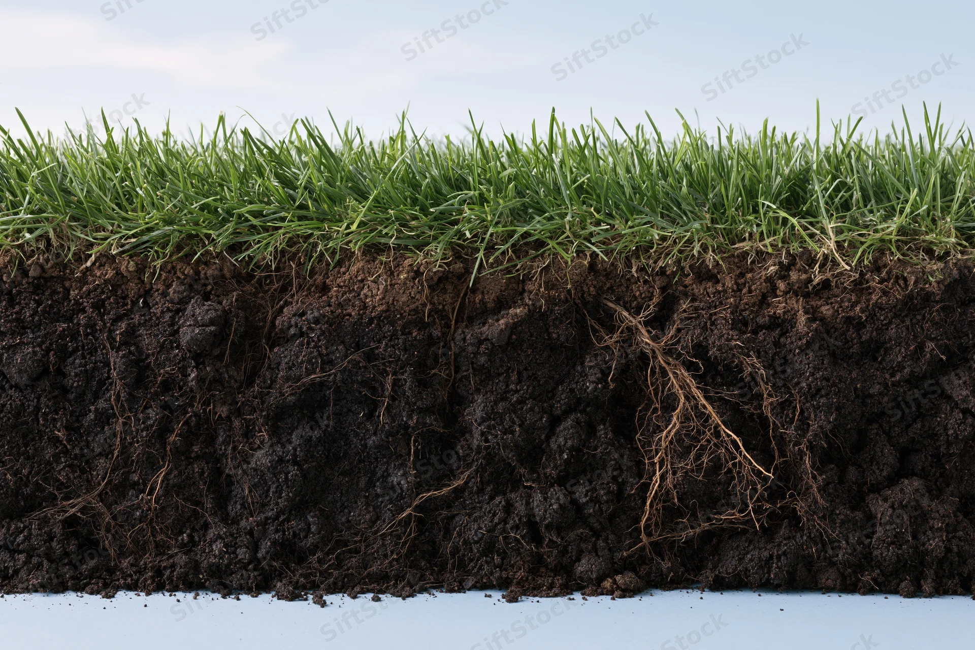 Cross-section of lawn turf showing grass and soil layers with visible roots