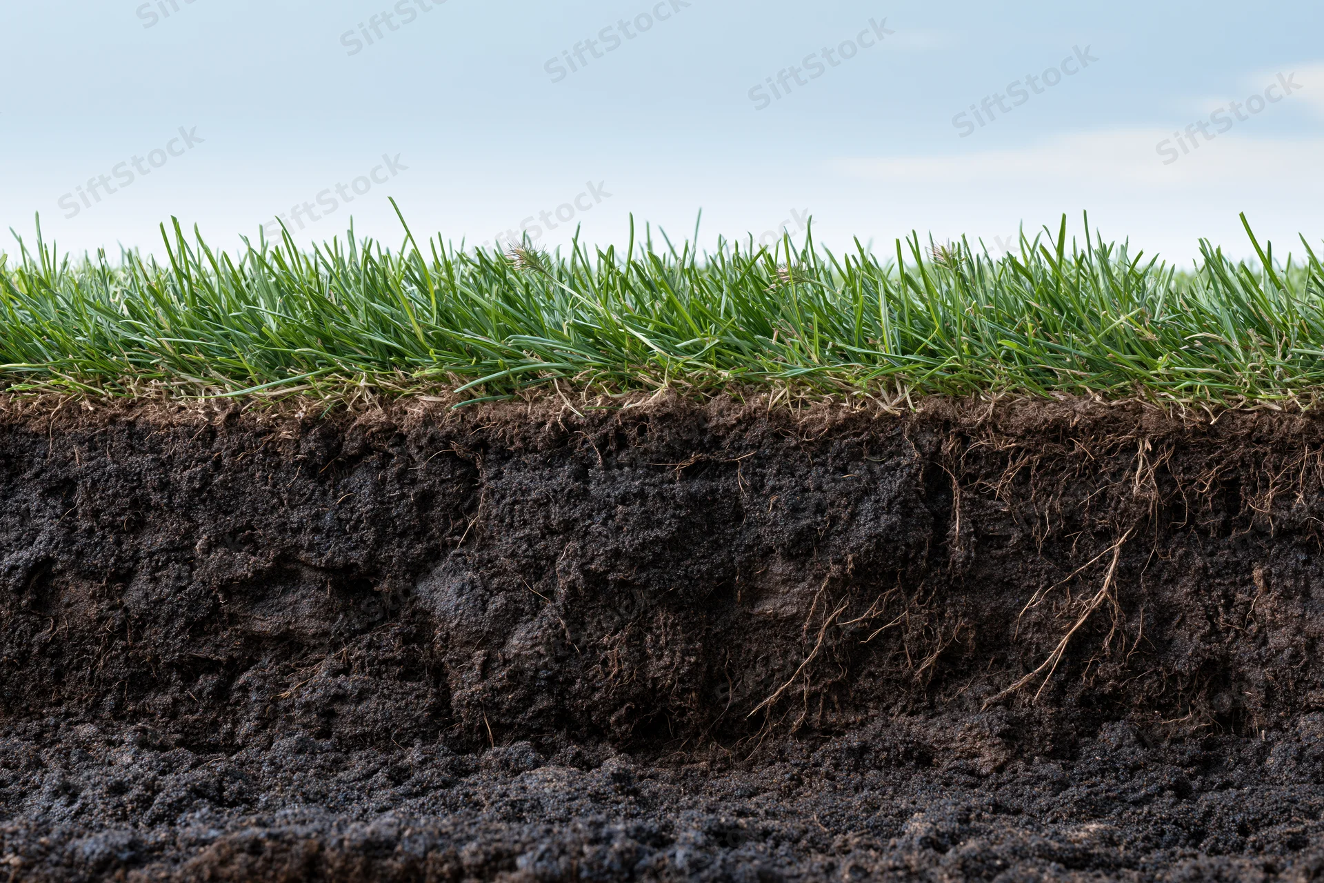 Horizontal cross-section of lawn turf showing grass, soil layers and roots