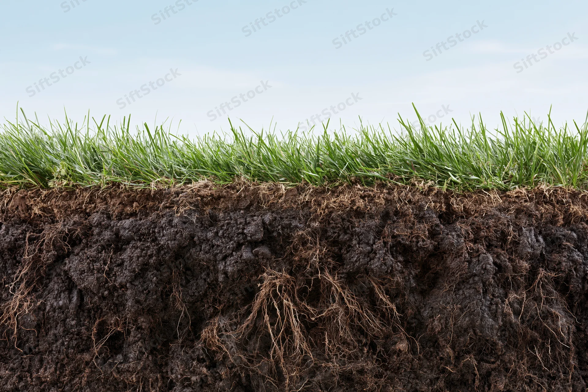 Cross-section of lawn turf showing grass, soil and root system in horizontal cut