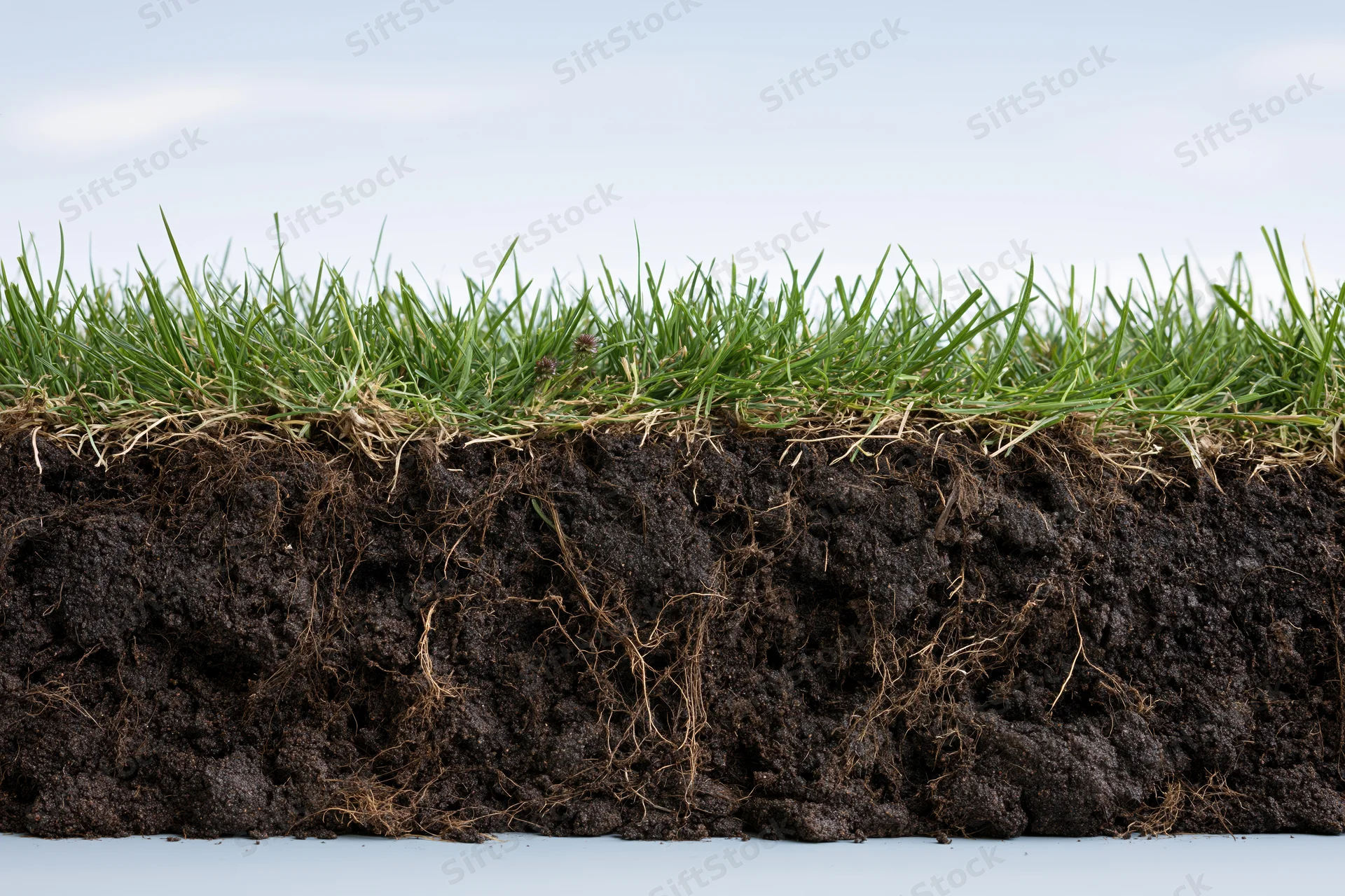 Cross-section of lawn turf showing grass and soil layers with visible roots and organic matter