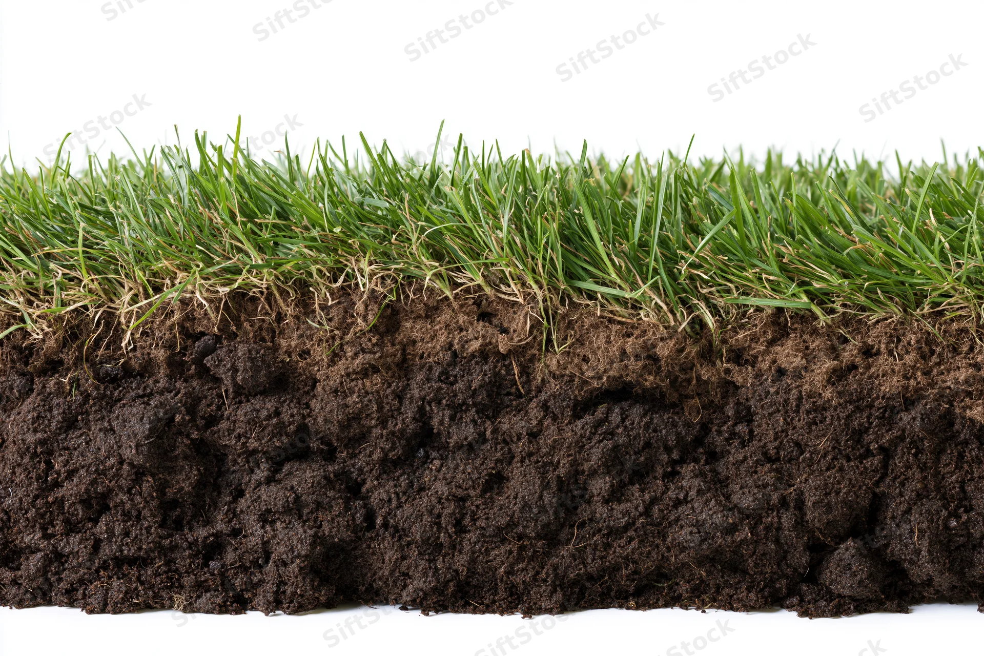 Cross-section of lawn turf showing green grass blades above dark soil layer