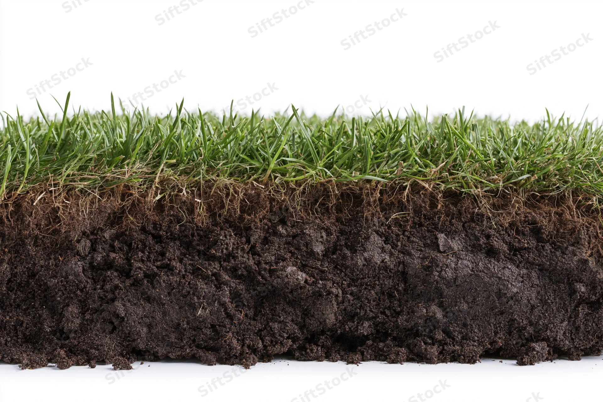 Cross-section of lawn turf showing green grass blades above dark soil with visible roots and organic layers
