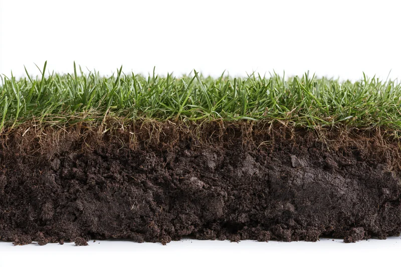 Cross-section of lawn turf showing green grass blades above dark soil with visible roots and organic layers