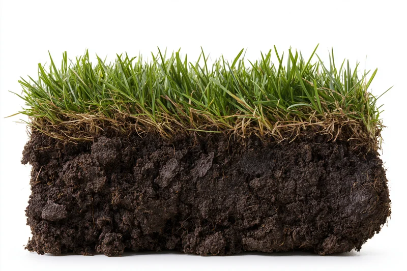 Cross-section of lawn turf showing green grass blades above dark soil with visible roots