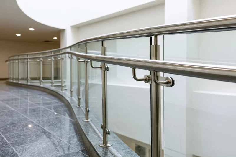 Curved glass and stainless steel railing along an interior hallway with polished granite flooring