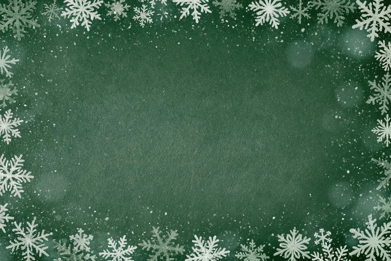 Snowflake border framing a green textured background with bokeh and sparkle for holiday decoration