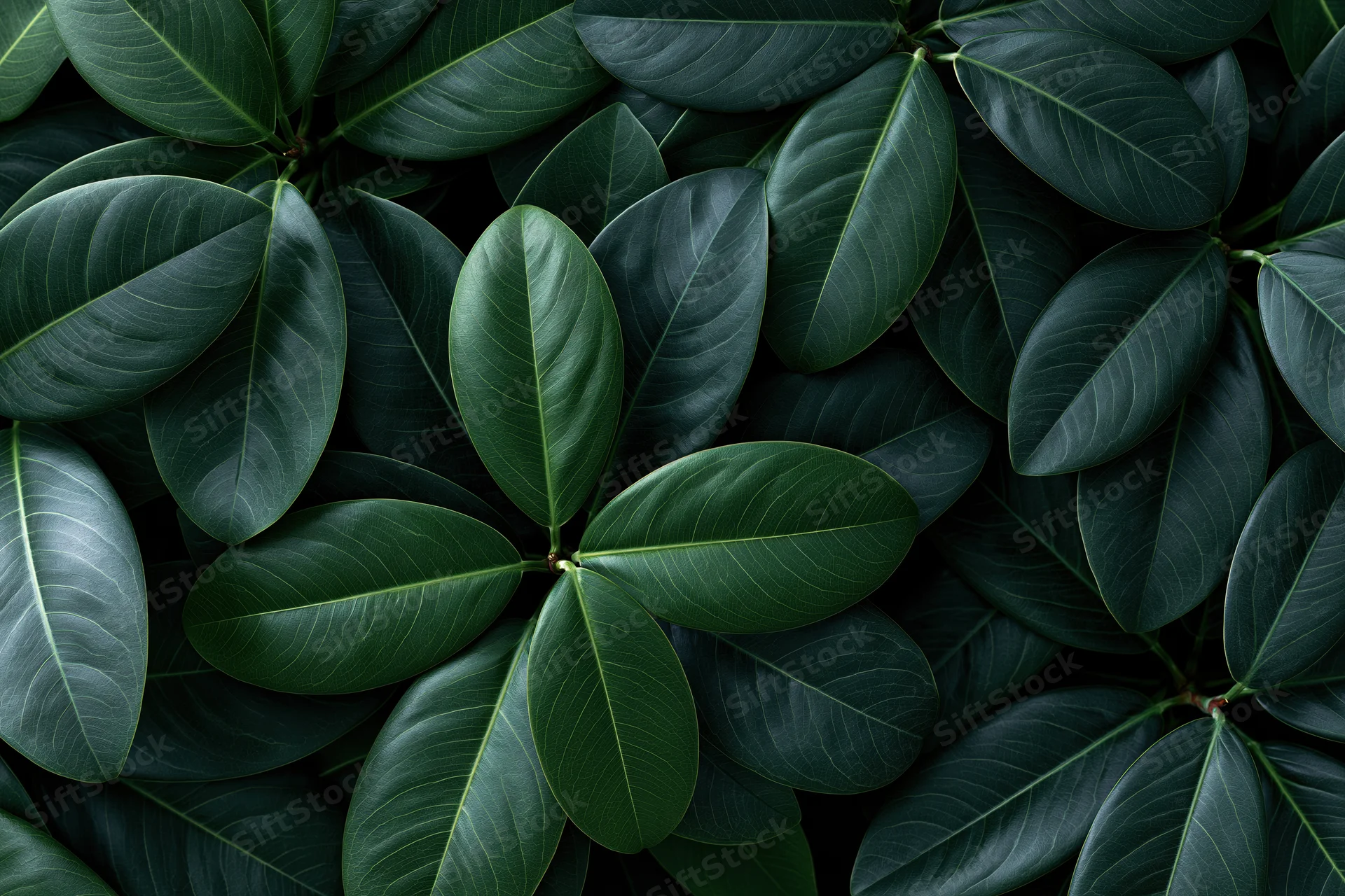 Dense cluster of dark green tropical leaves filling the frame