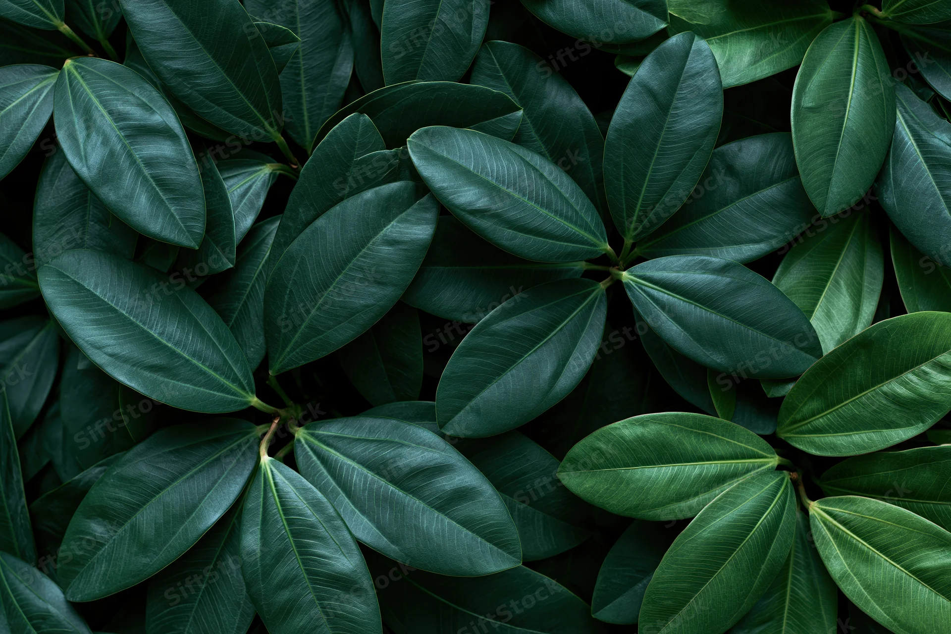 Dense cluster of dark green tropical leaves filling the frame
