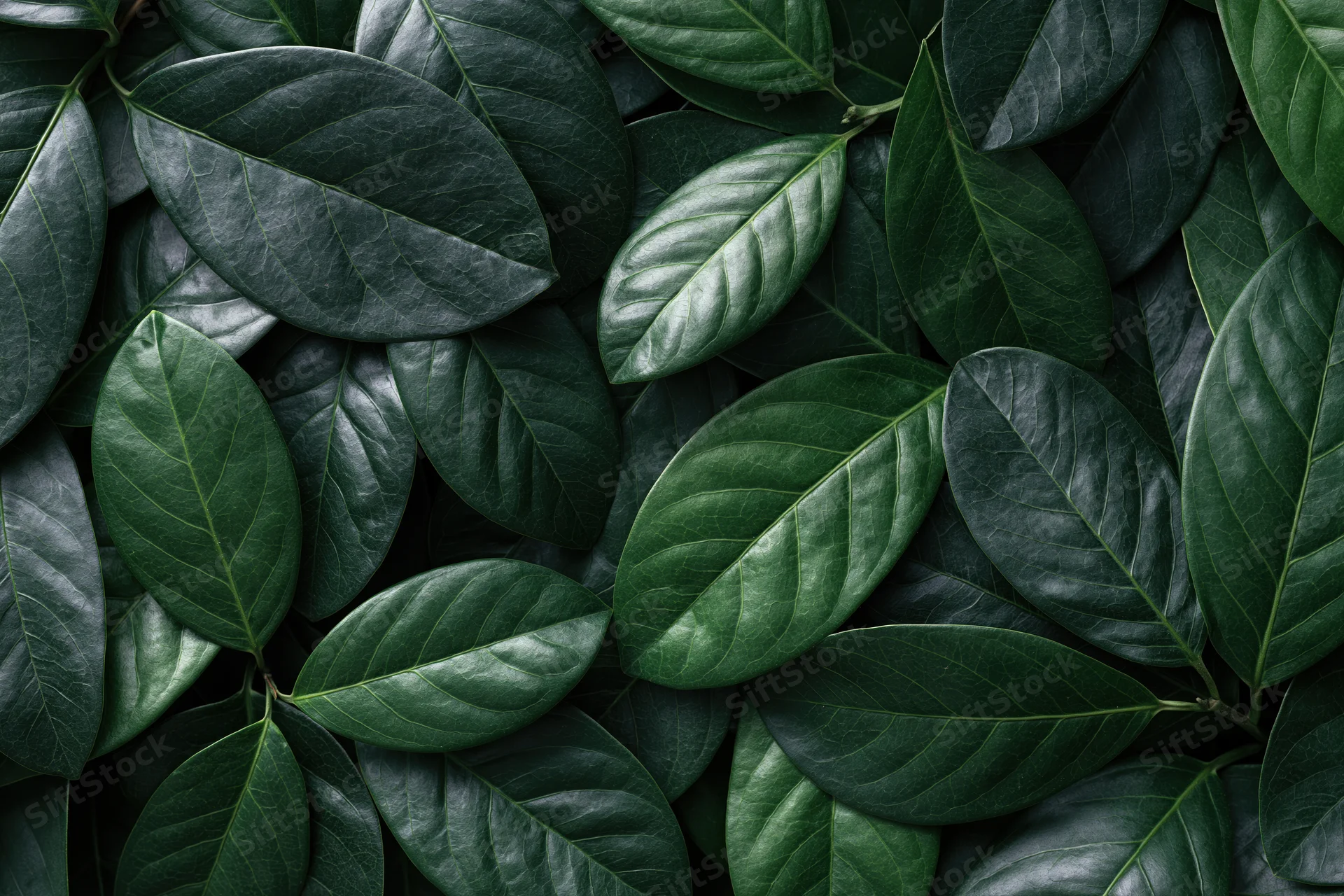 Dense cluster of dark green tropical leaves filling the frame in a flat overhead view