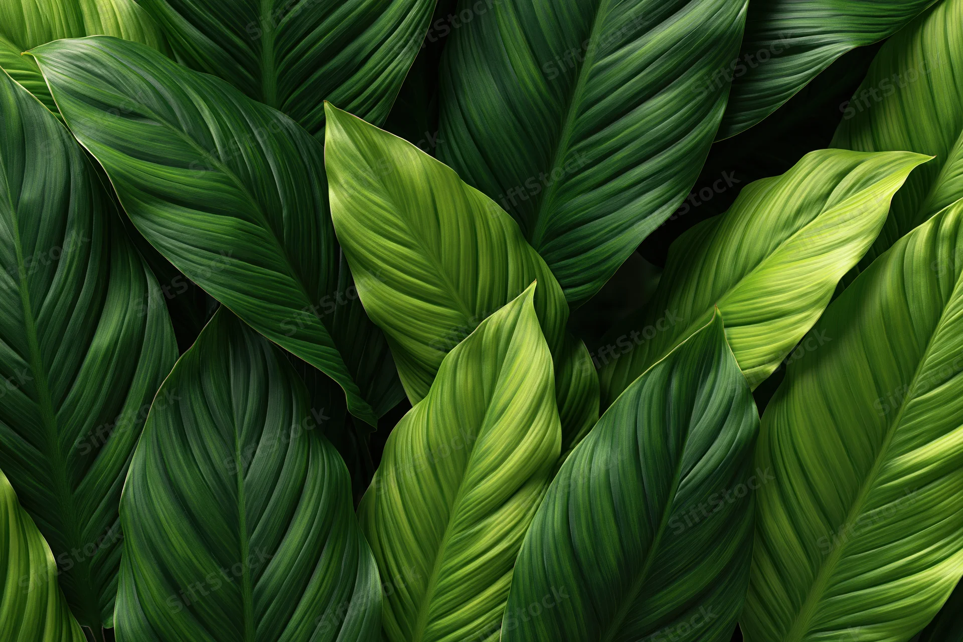 Dense cluster of large tropical leaves filling the frame with lush green foliage
