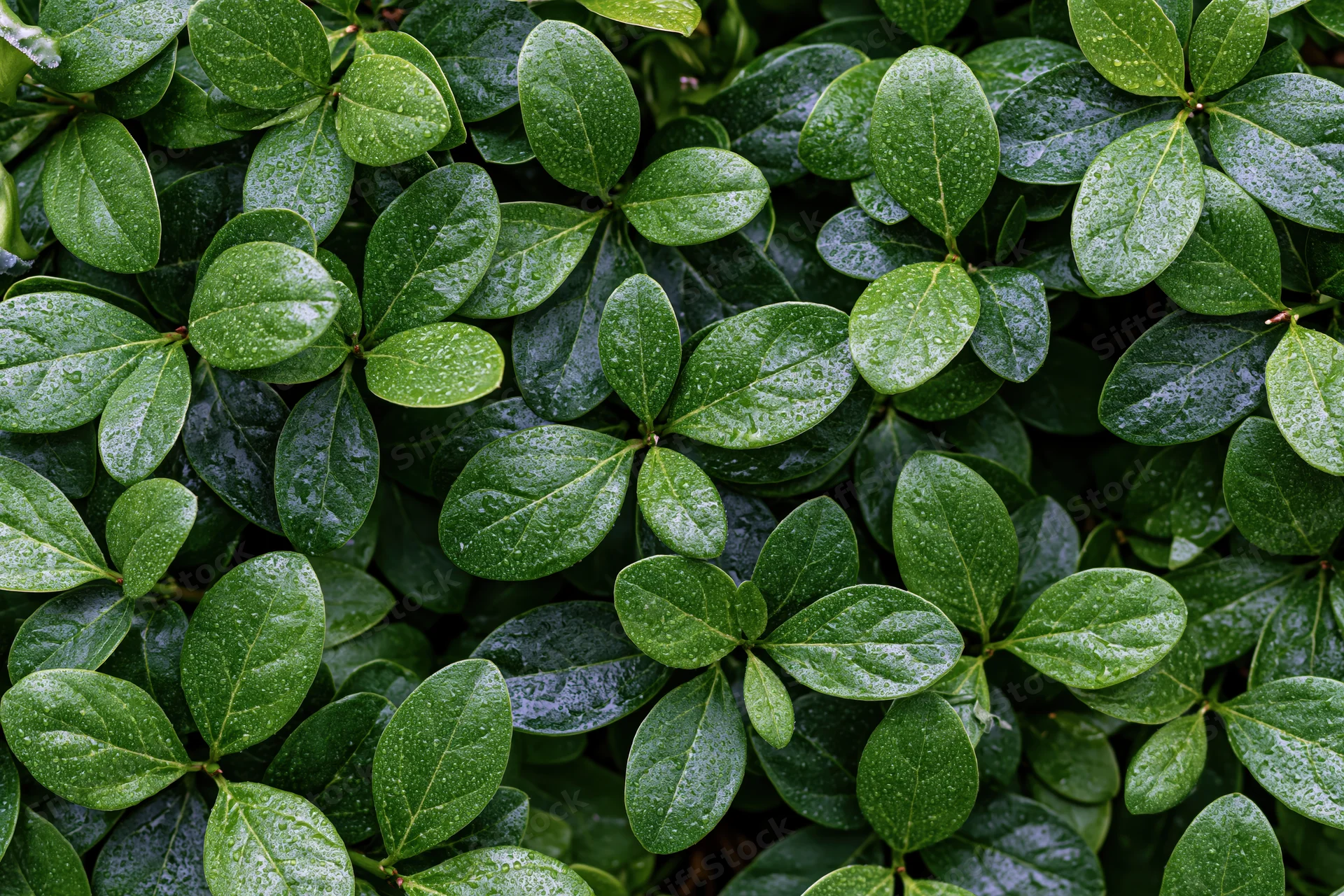 Dense cluster of small green leaves covered in fine water droplets, outdoor garden setting