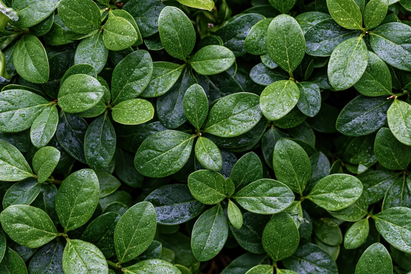 Dense cluster of small green leaves covered in fine water droplets, outdoor garden setting