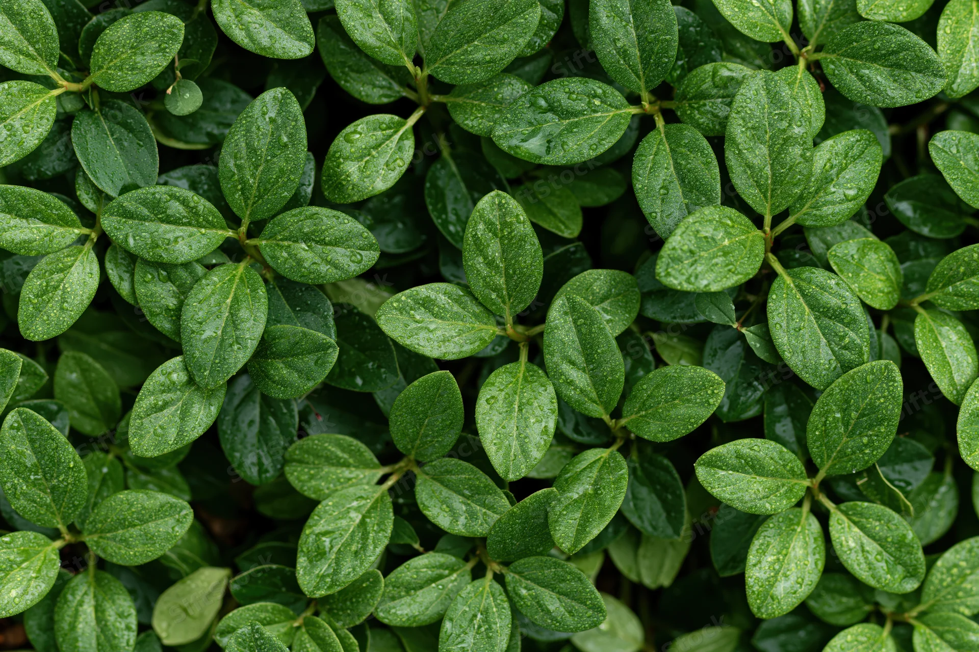 Dense cluster of small green leaves covered in fine water droplets, close-up view of foliage surface
