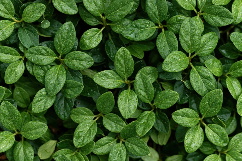 Dense cluster of small green leaves covered in fine water droplets, close-up view of foliage surface