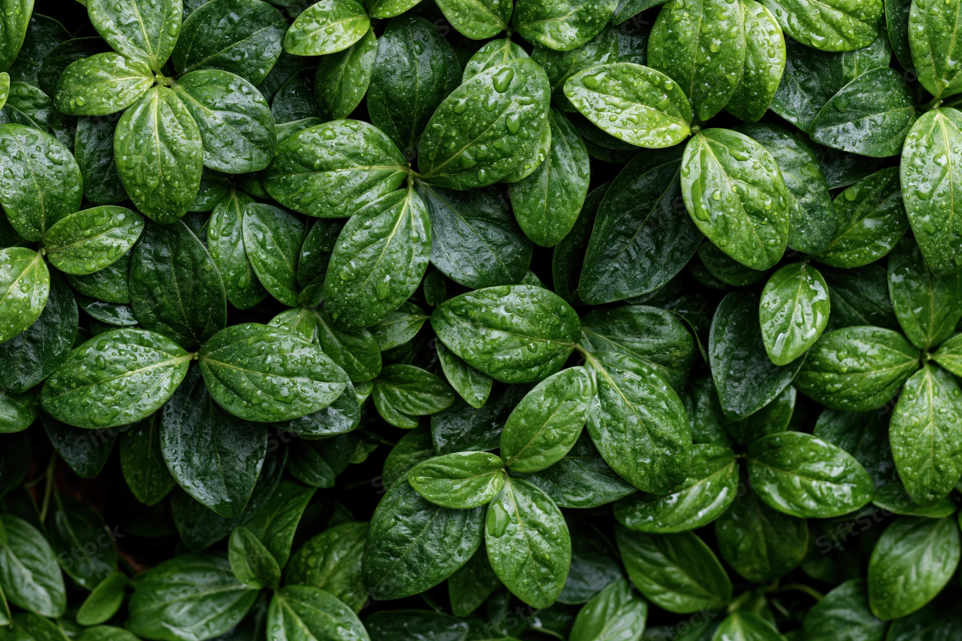 Dense cluster of small green leaves covered in water droplets, close-up view of foliage surface
