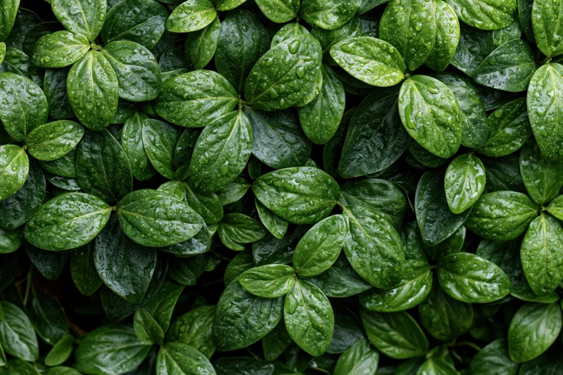 Dense cluster of small green leaves covered in water droplets, close-up view of foliage surface