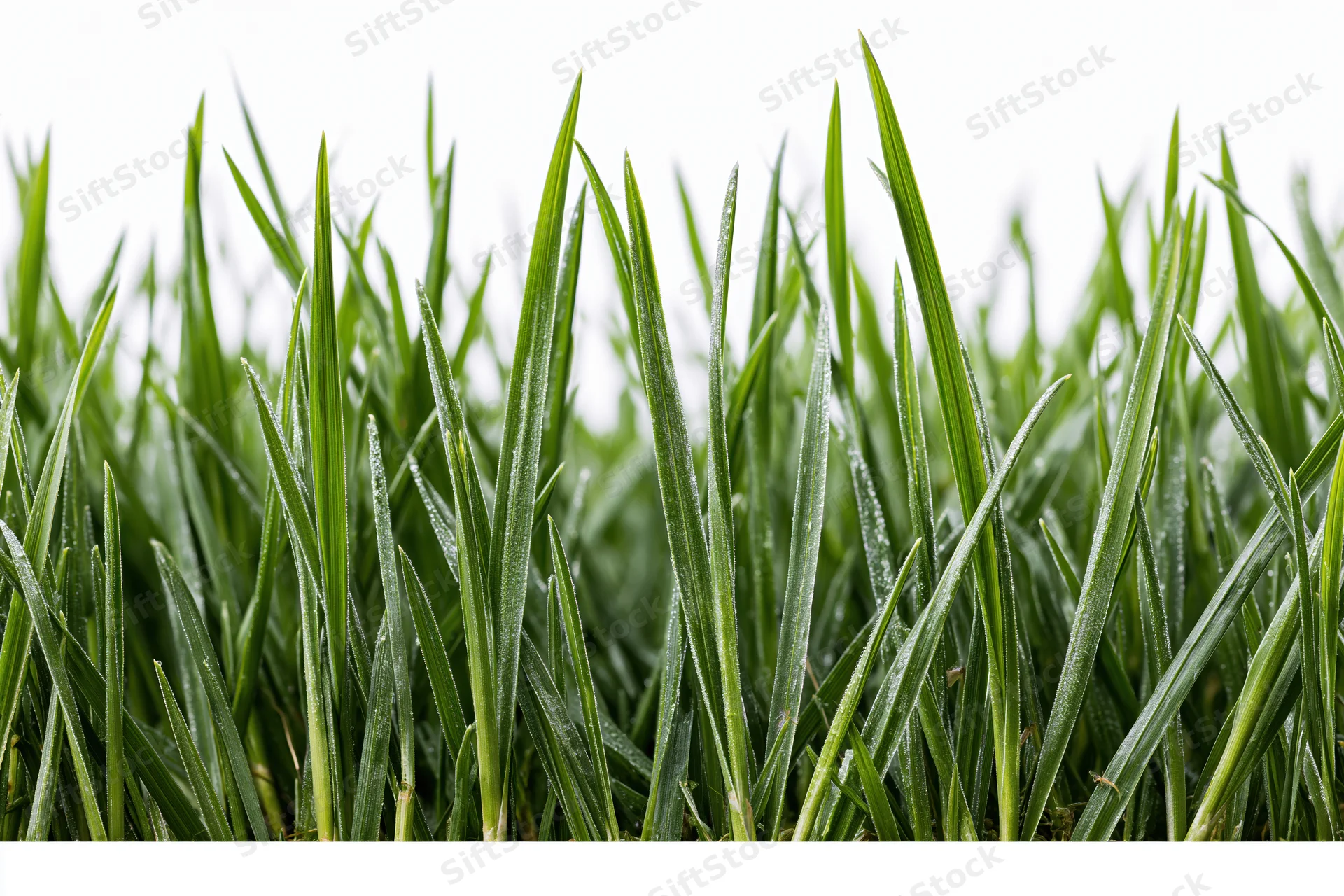 Dense patch of tall fresh grass blades with water droplets on white background