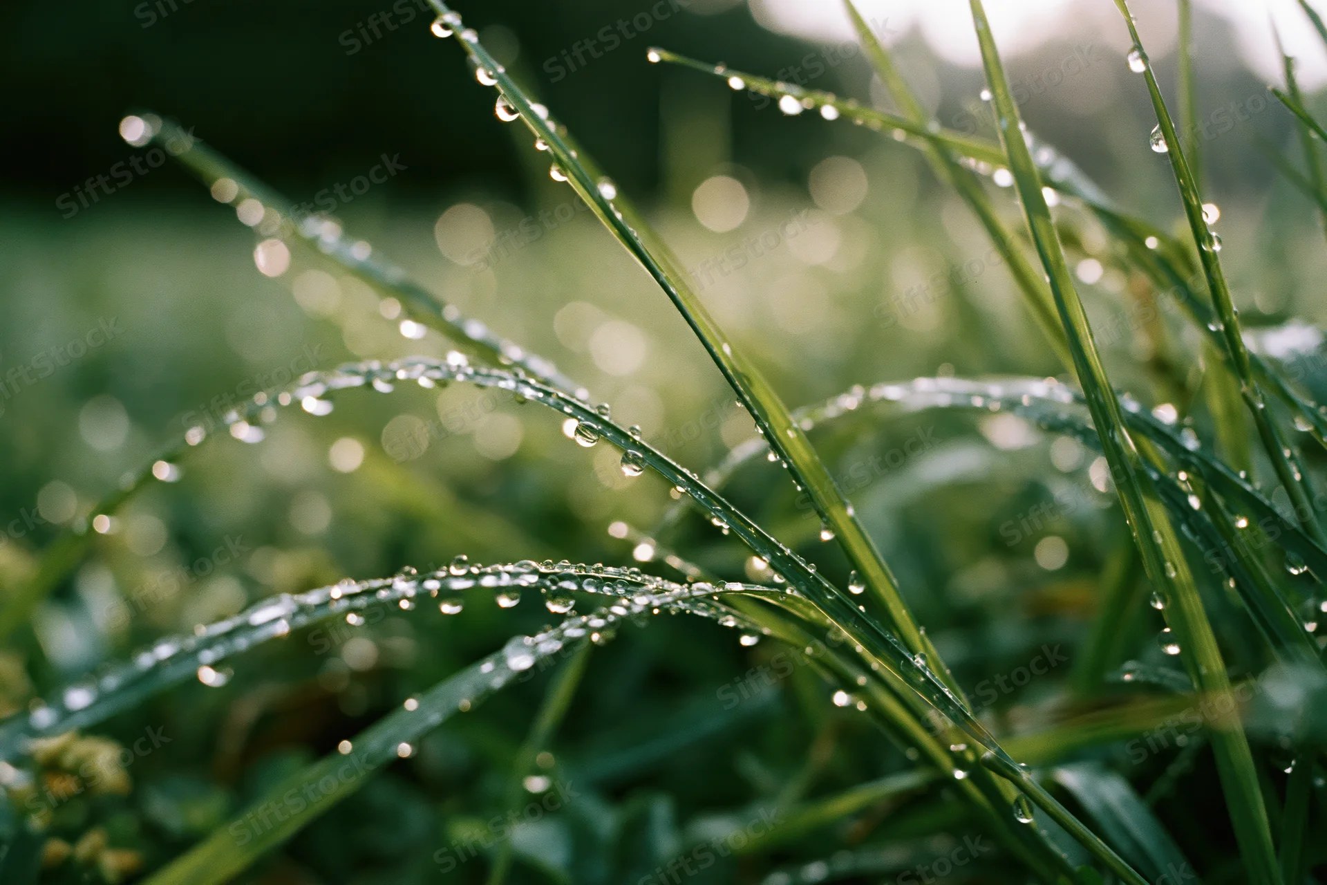 Dew-covered grass blades glistening in morning light with bokeh background