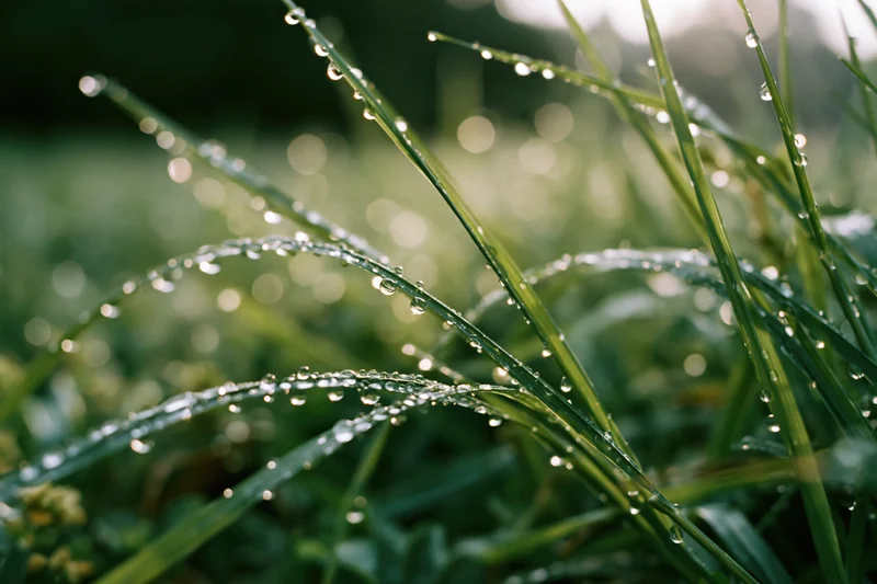 Dew-covered grass blades glistening in morning light with bokeh background