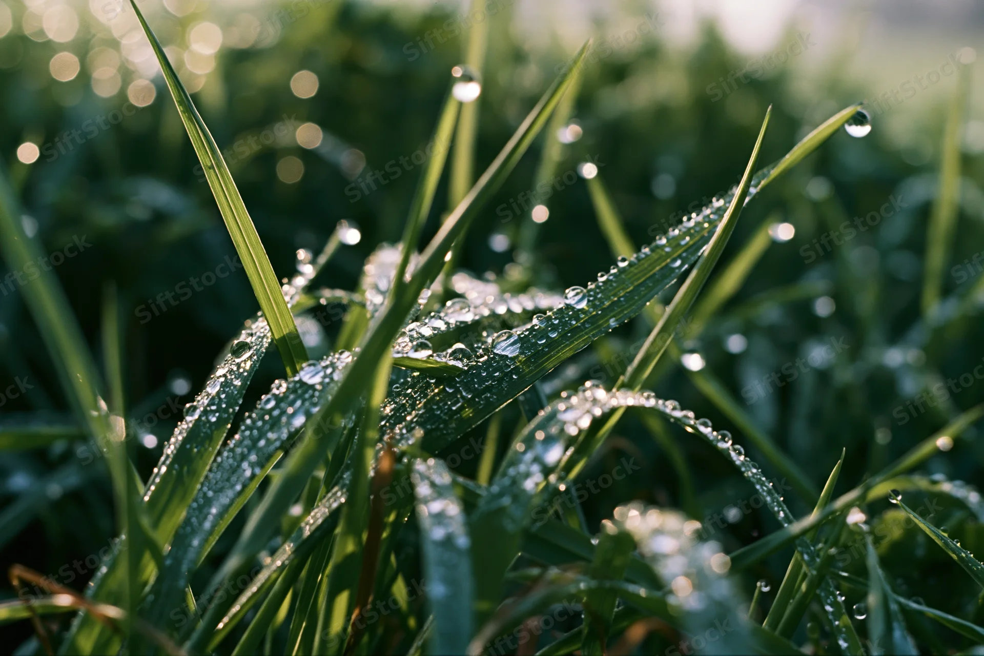 Dew-covered grass blades in close-up view with water droplets glistening in morning light
