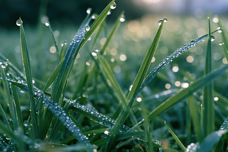 Closeup of dew-covered grass blades in morning light with bokeh background