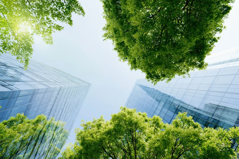 Low-angle upward view of glass corporate office buildings surrounded by green trees under a blue sky