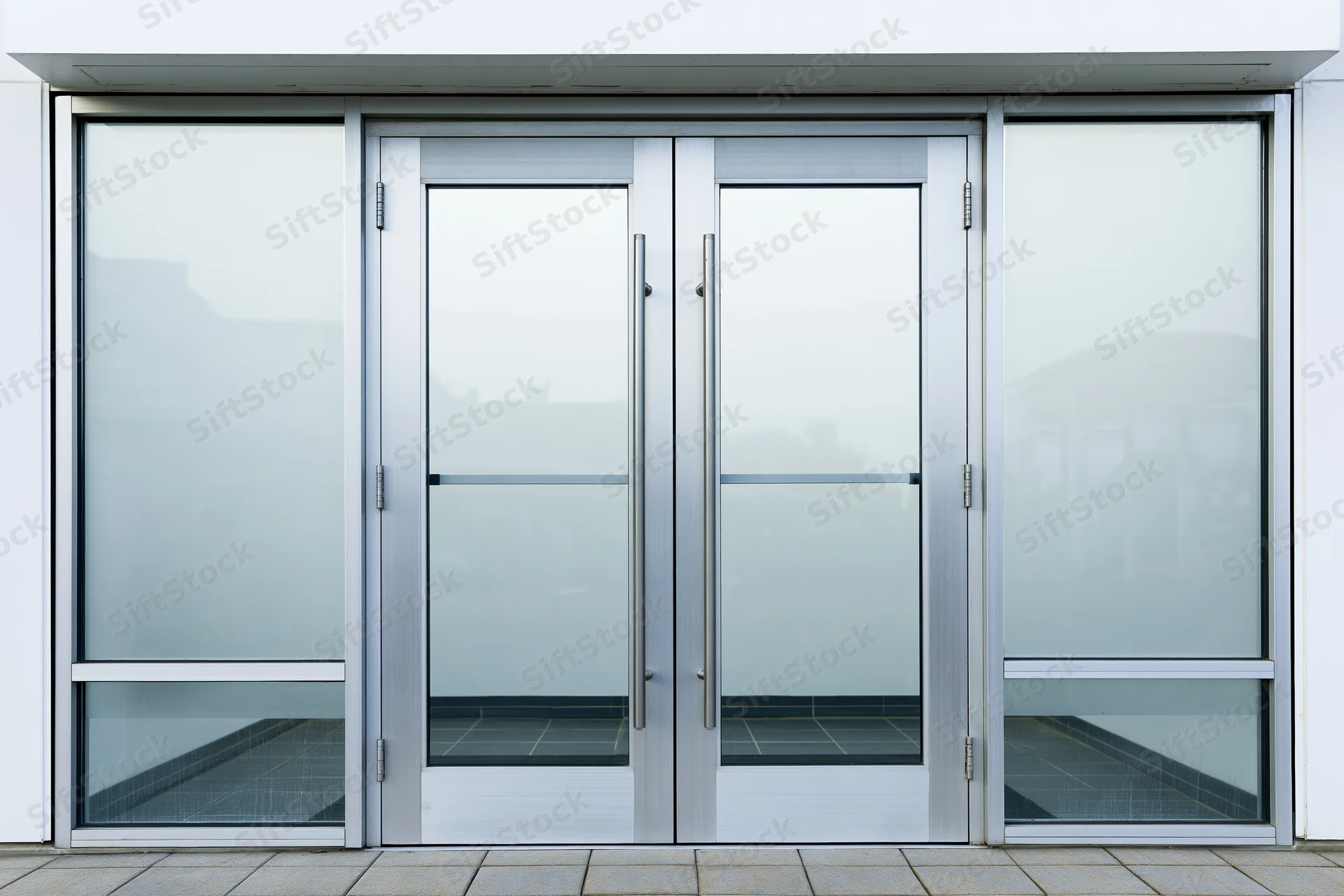 Double glass entrance doors with brushed aluminum frames on a modern building facade