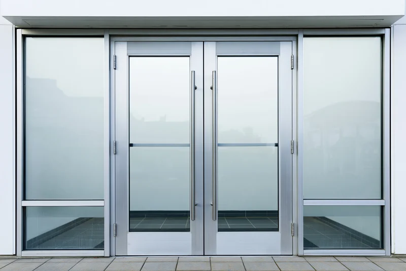 Double glass entrance doors with brushed aluminum frames on a modern building facade
