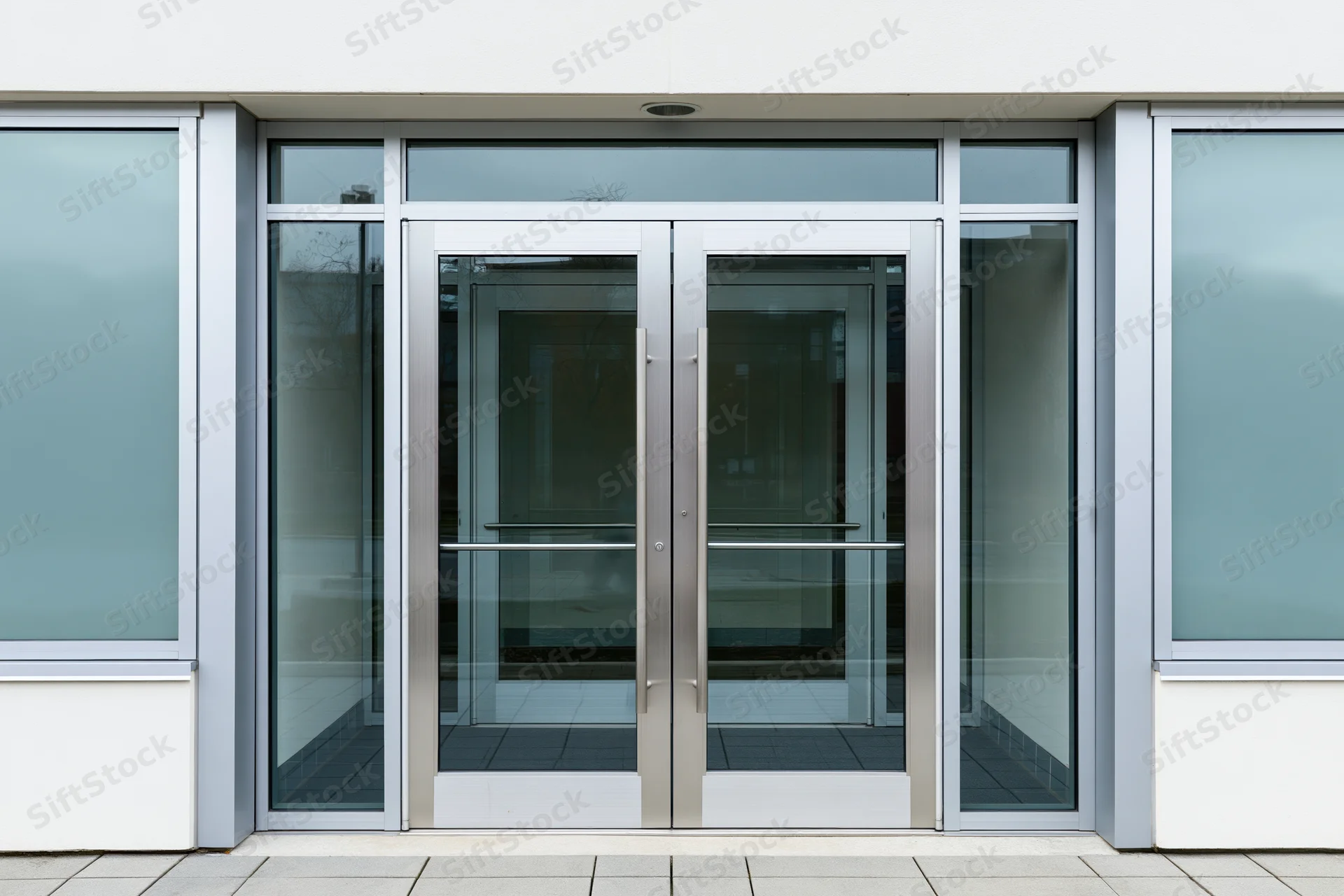 Double glass entrance doors with brushed aluminum frames on a modern building facade