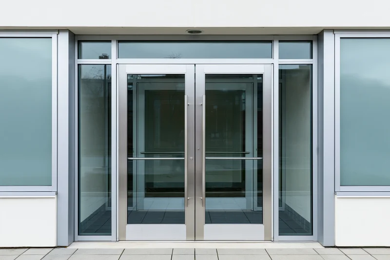 Double glass entrance doors with brushed aluminum frames on a modern building facade