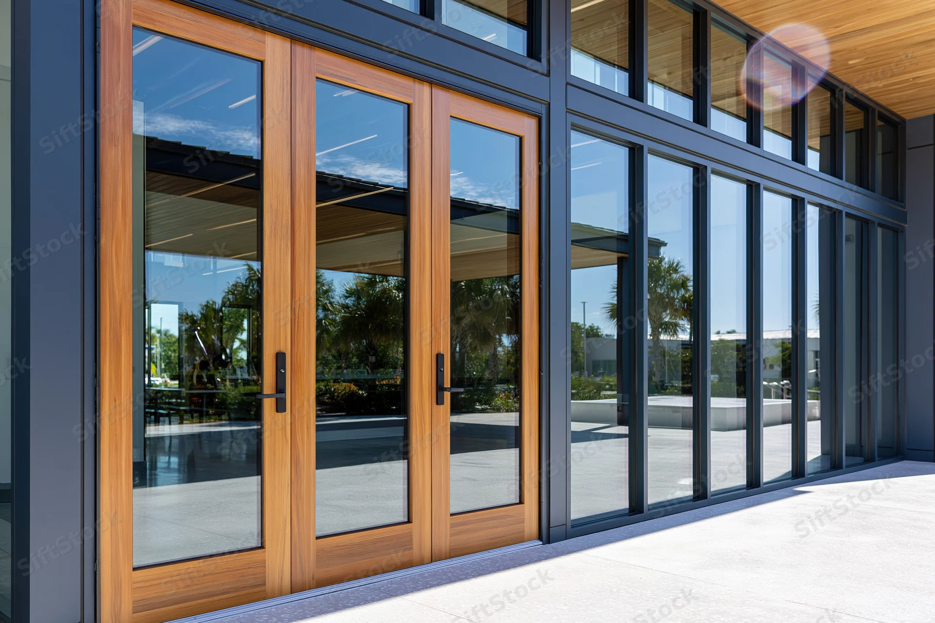 Double glass entry doors with warm teak wood frames set into a modern building facade