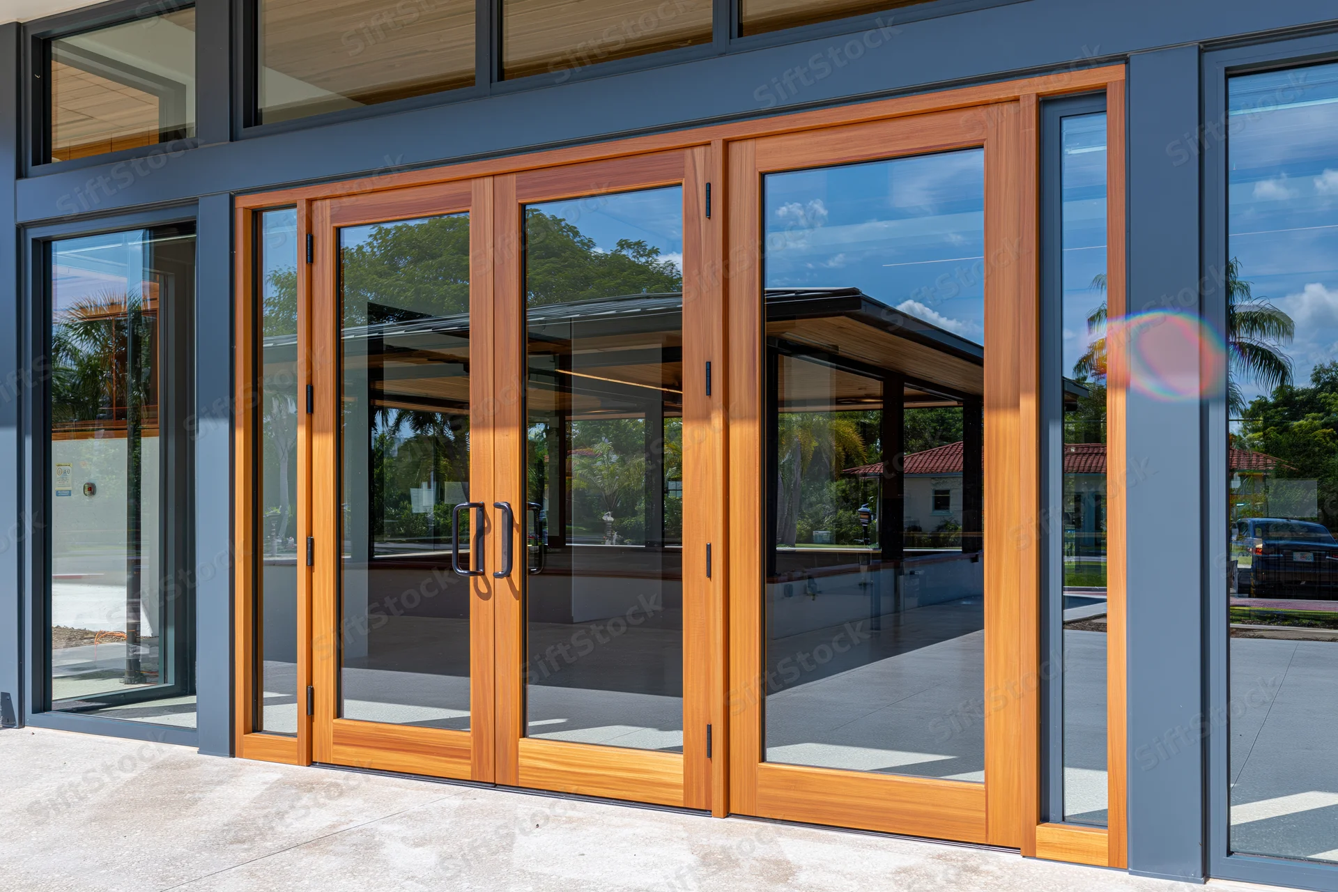Double glass entry doors with warm teak wood frames set into a modern building facade, reflecting palm trees and sky under bright daylight