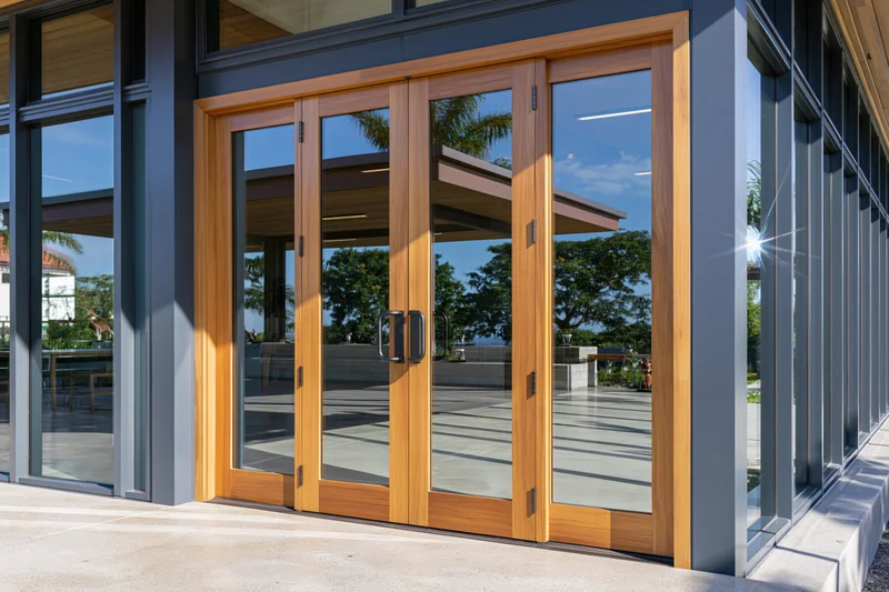 Double glass entry doors with warm teak wood frames set into a modern building facade