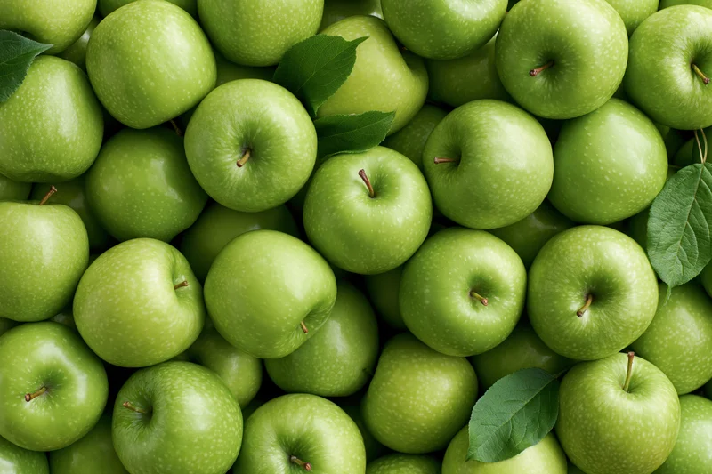 Dozens of fresh Granny Smith apples piled together filling the frame